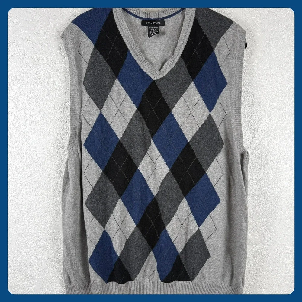 Vintage VTG STRUCTURE Mens‎ XL Argyle Sweater Vest Eclectic Grandpa Preppy Y2K